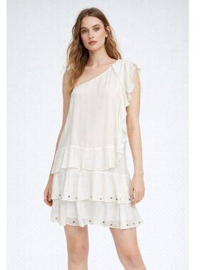 Zara Tiered Mini Dress White One Shoulder Ruffle Summer Beachy XS